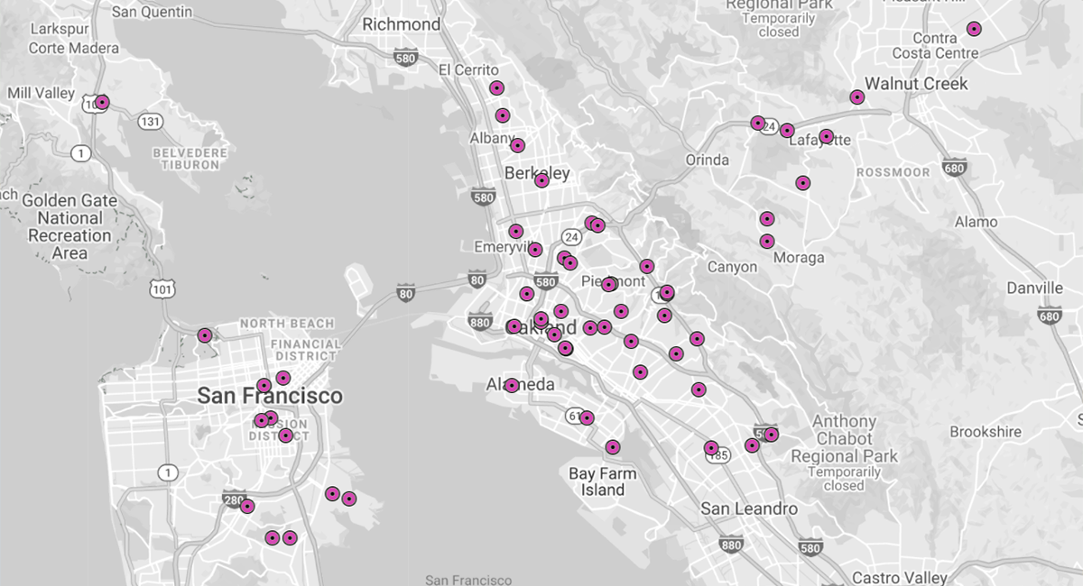 Map of locations in which Aspire operates in the Bay Area